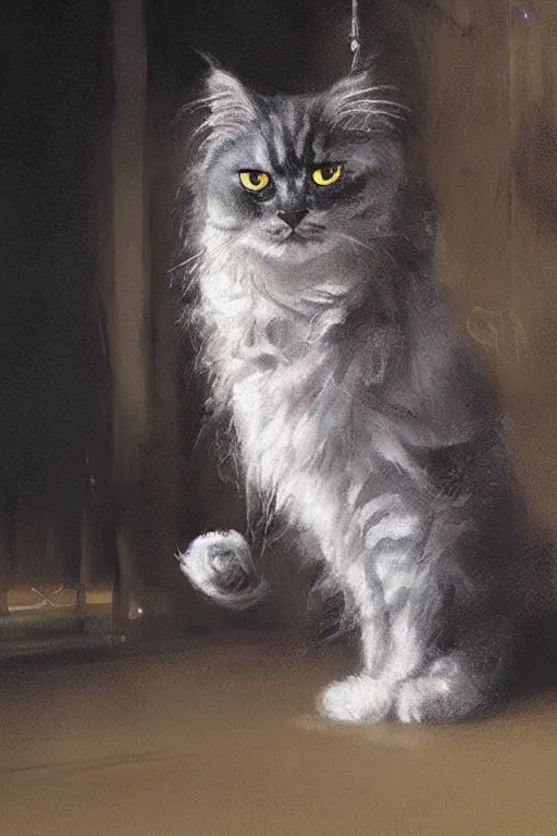 Image similar to of a british longhair cat wearing and act like a gangster in the night club, by greg rutkowski