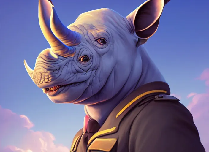 Prompt: character portrait feature of the anthro male anthropomorphic rhino fursona wearing airline pilot outfit uniform professional pilot character design stylized by charlie bowater, ross tran, artgerm, and makoto shinkai, detailed, soft lighting, rendered in octane, maldives in background