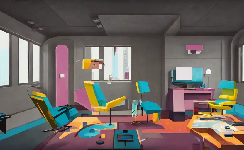 Prompt: Interior shot of a futuristic brutalist studio apartment with computers and colourful furniture by Petros Afshar and Beeple, James Gilleard, Mark Ryden, Wolfgang Lettl highly detailed