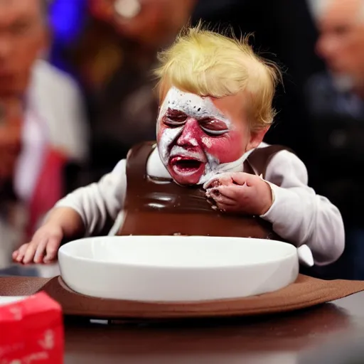 Image similar to crying donald trump in a highchair with chocolate pudding all over his face, gettyimages,