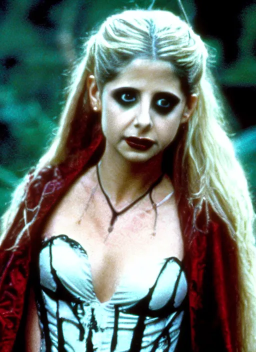 Prompt: film still of sarah gellar as a gothic vampire in the movie the lost boys