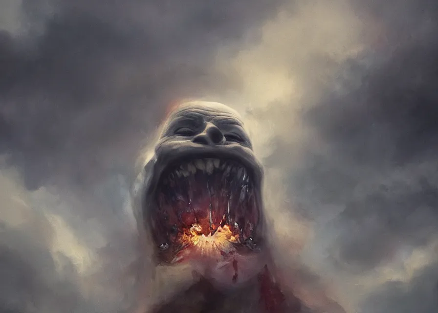 Image similar to abstract painting of grinning!!!!! Joe Biden head emerging from thick dark clouds, immense crowd of varied people, cosmic!!!!!! horror , trending on ArtStation, masterpiece, by Greg Rutkowski, by Ross Tran, by Fenghua Zhong, octane, lightbeam eyes, soft render, clear facial features, oil on canvas, moody lighting, cinematic, professional detailed environmental concept art