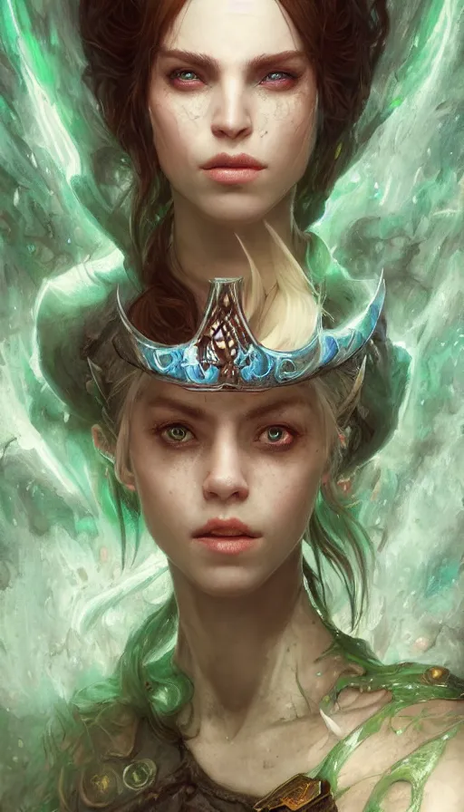 Prompt: epic masterpiece portrait alice in dungeons and dragons, sweaty skin, hyperrealistic, octane render, cinematic, beautiful face and flawless skin, perfect hands, emeralds by Edgar Maxence and Ross Tran and Michael Whelan, Legends of Runeterra