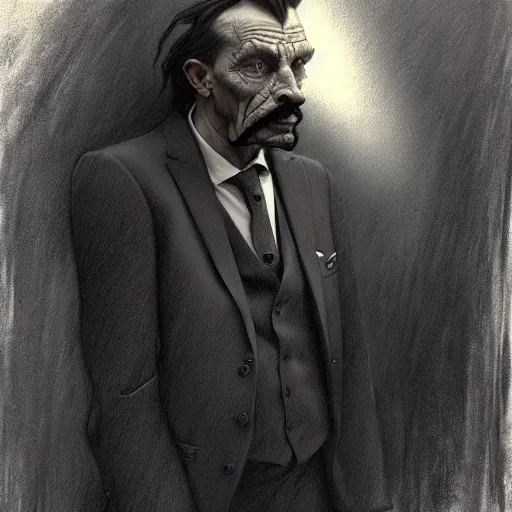 Image similar to charcoal drawing portrait of a man in suit by darek zabrocki and greg ruthkowski, alphonse mucha, simon stalenhag and cinematic and atmospheric, concept art, artstation, trending on artstation