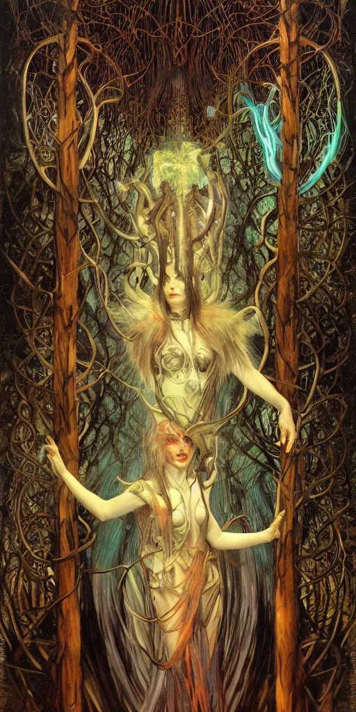 Image similar to intense roaring screaming glowing black metal pagan god with ram horns and veins and intense glowing eyes in very dark forest by karol bak and alphonse mucha, portrait, fantasy, clear, light beams, lens flare, intense, uhd, red and teal and shining polished gold, amazing depth, cinematic lighting