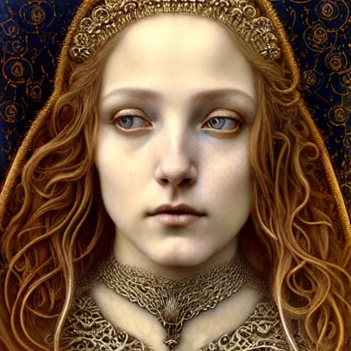 Image similar to detailed realistic beautiful young medieval queen face portrait by jean delville, tom bagshaw, brooke shaden, gustave dore and marco mazzoni, art nouveau, symbolist, visionary, gothic, pre - raphaelite, ornate gilded medieval icon, surreality, ethereal, unearthly, haunting, celestial, neo - gothic, ghostly, memento mori, nightmare