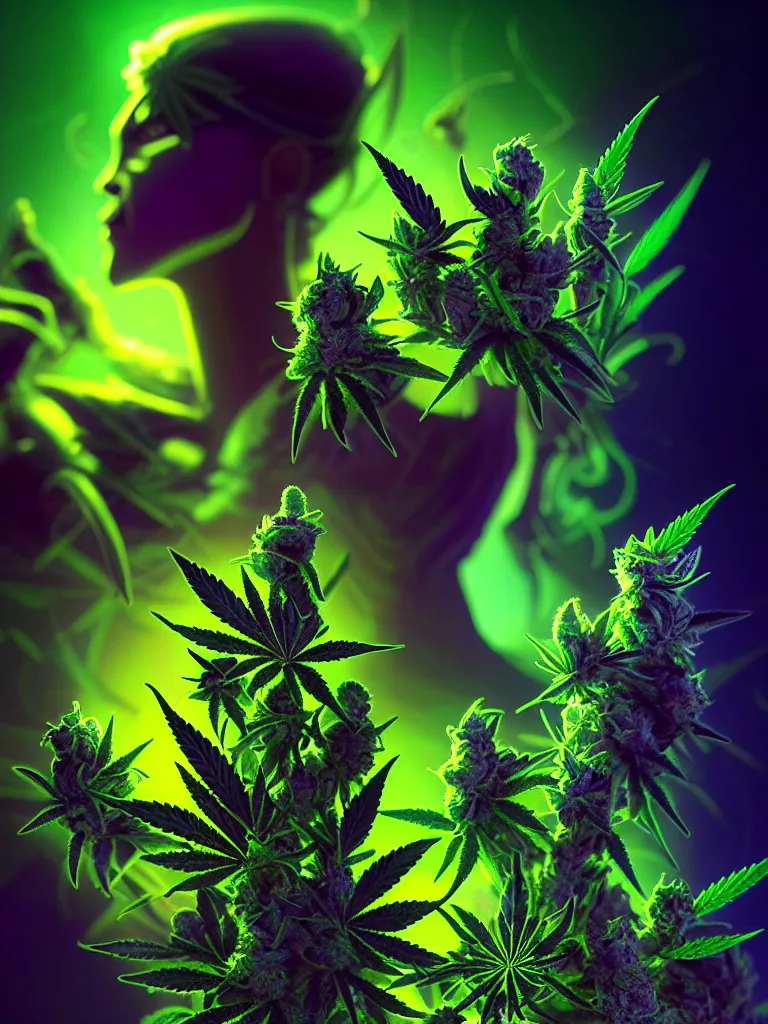 Image similar to epic scale cinematic full body marijuana goddess character concept perfect focus closeup macro photography of a beautiful marijuana bud crystals trichomes, densely packed buds of weed neon blacklight, sacred dmt weed superheroine visionary fantasy art by greg rutkowski android jones artgerm alphonse chroma rule of thirds golden ratio alien plants