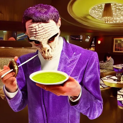 Image similar to a modernized alien in a purple three - piece suit made of velvet, he is enjoying a bowl of split pea and mushroom soup at a 5 - star restaurant in the bronx, photorealistic, highly detailed, photography, refined spontaneity