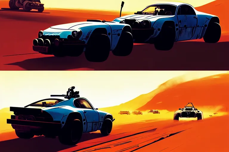 Image similar to mad max's alpine a 1 1 0 : : speeding, firing guns, lights on : : by ilya kuvshinov, rossdraws, artgerm, greg rutkowski makoto shinkai takashi takeuchi studio ghibli, akihiko yoshida : :