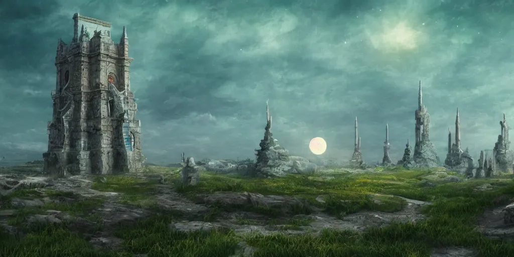 Image similar to The great intricate marble wizards tower, painted landscape, green fields in the background, moody lighting, moon in the night sky, sharp image, 4k, artstation, colorful digital art