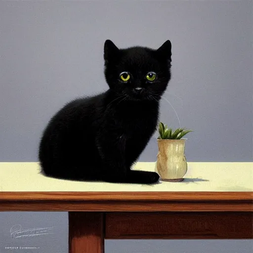 Prompt: A little black kitty sitting on a table, Graceful body structure,cute,Symmetrical face,highly detailed,elegant,Marc Simonetti and Caspar David Friedrich, Trending on artstation