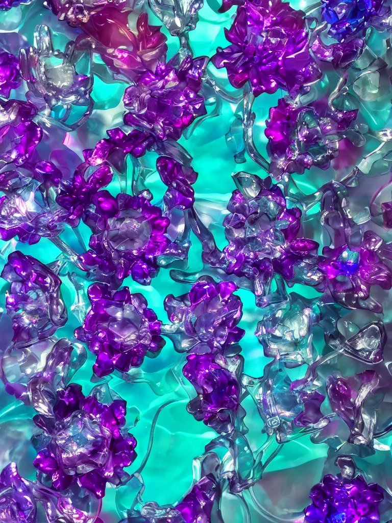 Prompt: Flowers of glass, purple and turquoise, art deco, 8k, shadowbox, ray tracing, translucent, ice, liquid diffusion, sloshing, pouring, crystal, iridescent