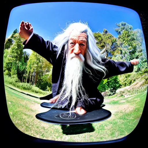 Image similar to Gandalf doing a kickflip, fisheye lens