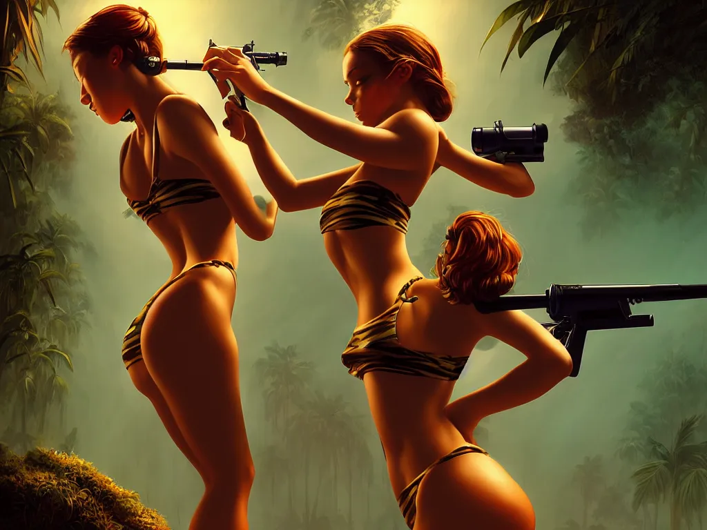Image similar to beautiful digital art of the girl in bikini shoots bazooka, jungle, renaissance, atmospheric dramatic lighting, wlop, boris vallejo, jamie hewlett and z. w. gu, ultra detailed, cinematic, masterpiece, behance contest winner