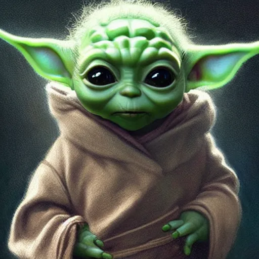 Image similar to baby yoda as frodo, intricate, elegant, highly detailed, digital painting, artstation, concept art, smooth, sharp focus, illustration, art by artgerm and greg rutkowski and alphonse mucha and william - adolphe bouguereau