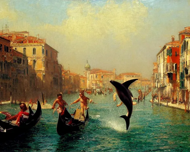 Image similar to dolphins swimming and jumping in venice, painting by gaston bussiere, craig mullins