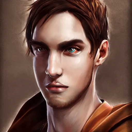 Prompt: realistic portrait, 25 years old man :: athletic fantasy mage :: green eyes, long slightly loosened brown hair :: wearing a brown robe :: high detail, digital art, RPG, concept art, illustration