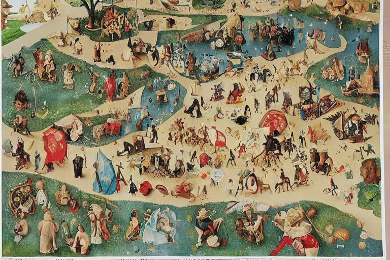Image similar to an elaborate and dense painting of a kids road carpet map, detailed, made of alcohol ink on parchment and penned illustrations, by wes anderson and ( ( ( ( ( hieronymus bosch ) ) ) ) ) and geoff darrow!!!!!