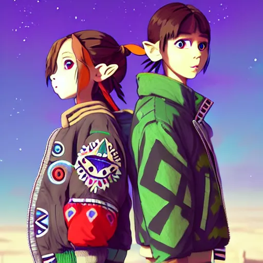 Image similar to majora majora's mask wearing oversized mayan bomber jacket with overalls, bulky poofy bomber jacket with mayan patterns, aztec street fashion, botw art style, gapmoe yandere grimdark, trending on pixiv fanbox, painted by greg rutkowski makoto shinkai takashi takeuchi studio ghibli, akihiko yoshida