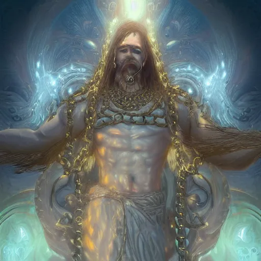 Prompt: relinquished god in chains, fantasy, beautiful digital art