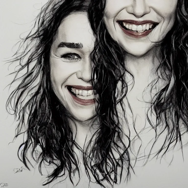 Image similar to an amaze - art painting of emilia clarke using single line in style of geoff slater, amaze art, smiling face