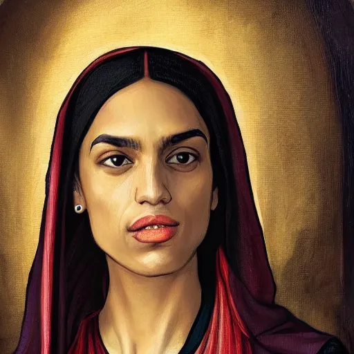 Prompt: Alexandria Ocasio-Cortez renaissance painting portrait, dramatic, extra detailed, hijab, sari, deep rich colors