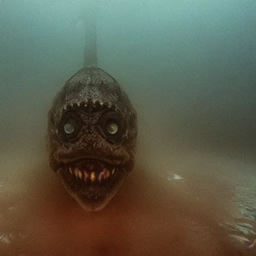 Image similar to sea monster, wide angle, pov underwater, visceral, abomination, pale skin, dark and foggy water, misty, dark, dramatic,'silent hill ', big eyes, terrifying, horrific, cinematic