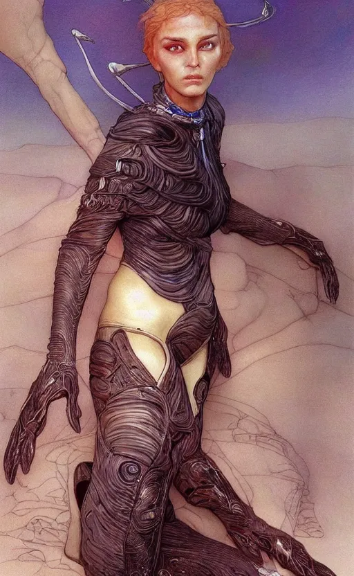 Image similar to beautiful female fremen on dune, by edgar maxence artgerm ross tran and michael whelan and gustav klimpt