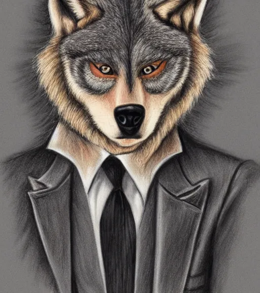 Image similar to master furry artist colored pencil drawing portrait of the anthro male anthropomorphic wolf fursona animal person detective wearing suit and tie