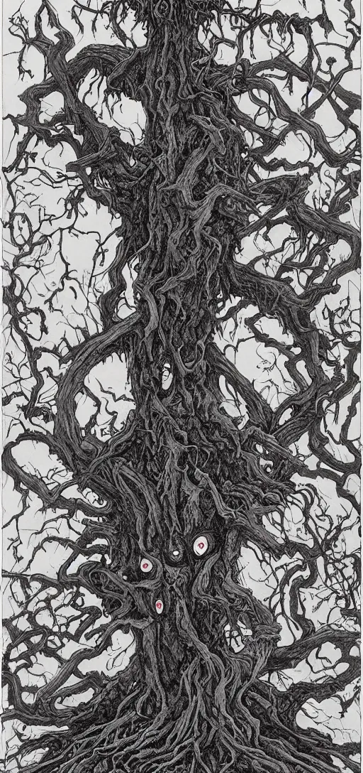 Image similar to a demonic tree with red eyes by rebecca guay, 8 k, drawing