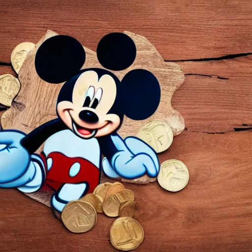 Image similar to mickey mouse laying down with arms crossed on a pyre of wood with coins over their eyes