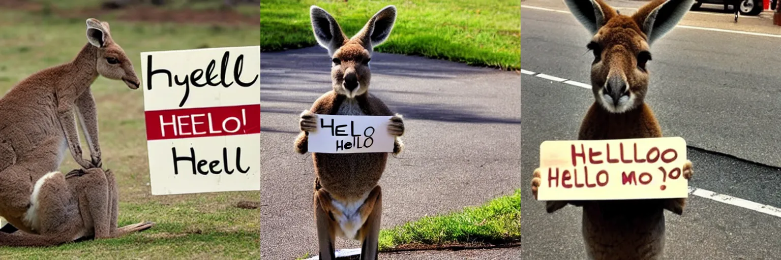 Prompt: <photo hd legible>a kangaroo holding a sign that says 'hello'</photo>