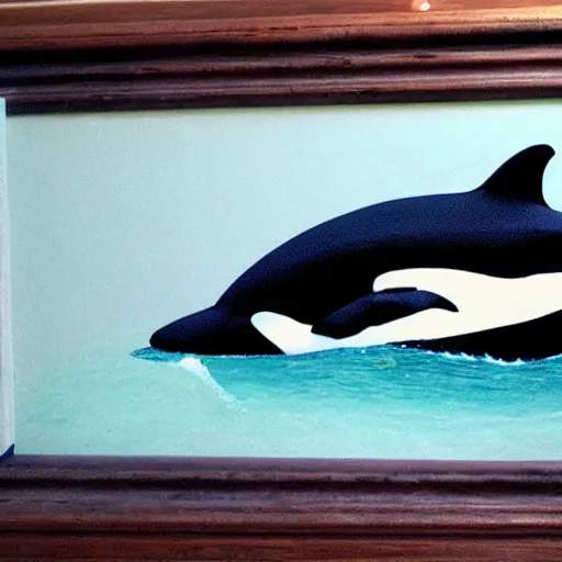 Image similar to orca swimming in a fiord, caricature, amazing details