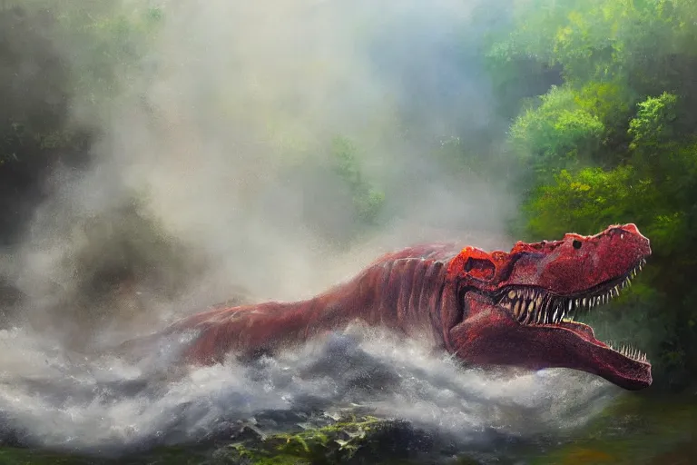 Prompt: highly detailed oil painting of a tyrannosaurus rex in a steaming colorful hotspring stream, featured on artstation