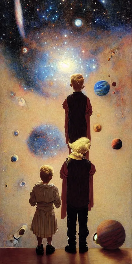 Image similar to one 5 year old boy and one 1 2 year old girl looking at the wall of their bedroom and seeing the universe full of galaxies and planets, imagination, part by norman rockwell, part by greg rutkowski, part by mattias adolfsson, high angle, ( ( ( ( volumetric lighting ) ) ) ), oil on canvas