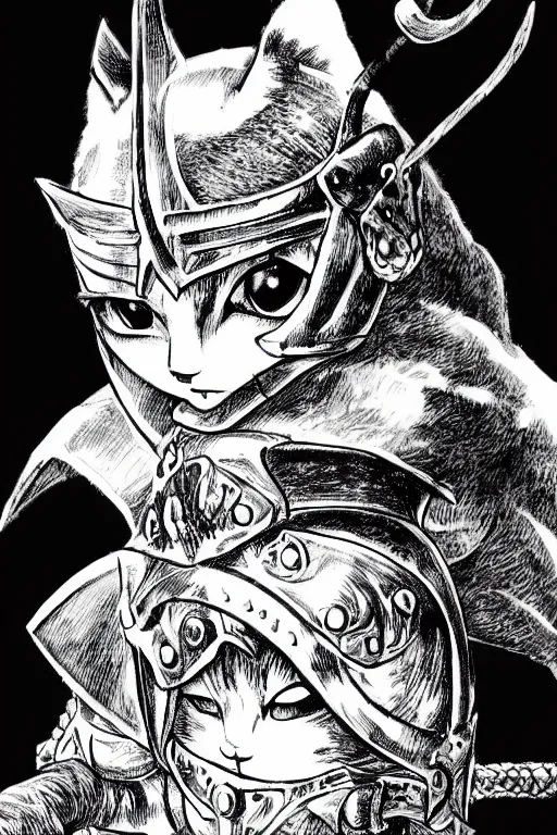 Image similar to Baby Kitten as a knight, highly detailed, black and white, manga, art by Kentaro Miura