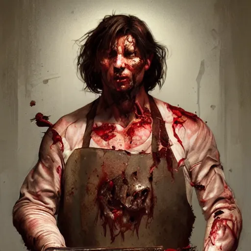 Image similar to portrait painting of a bloodied male butcher with with apron and cleaver, ultra realistic, concept art, intricate details, eerie, highly detailed, photorealistic, octane render, 8 k, unreal engine. art by artgerm and greg rutkowski and alphonse mucha