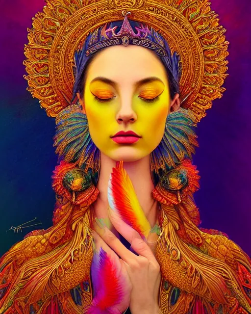 Prompt: portrait of the beautiful young goddess of birds, unusual beauty, etheric, outworldly colours, emotionally evoking symbolic metaphors, head in focus, fantasy, ornamental, intricate, elegant, highly detailed painting style photo, artstation, concept art, painterly, golden ratio, sharp focus, illustration, art by afarin sajedi,