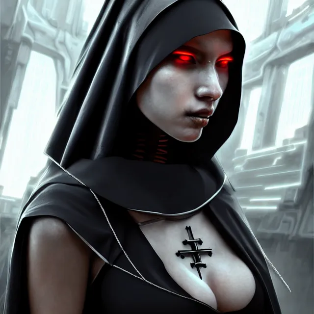 Prompt: cyberpunk nun warrior, highly detailed, 4 k, hdr, smooth, sharp focus, high resolution, award - winning photo, artgerm, photorealistic