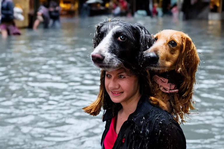 Prompt: closeup portrait of a girl carrying a dog over her head in a flood in Rundle Mall in Adelaide in South Australia, photograph, natural light, sharp, detailed face, magazine, press, photo, Steve McCurry, David Lazar, Canon, Nikon, focus