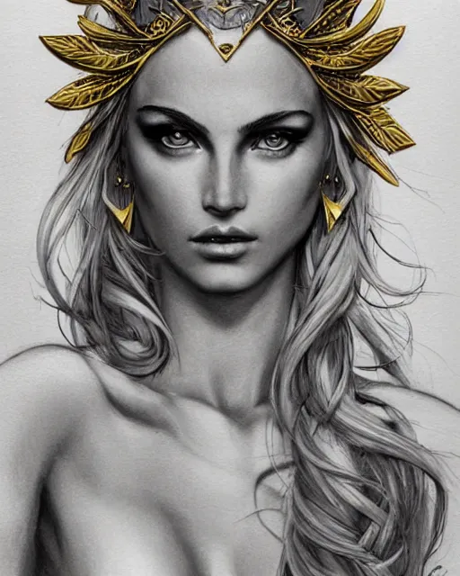 Image similar to tattoo design sketch of hot blonde super model as aphrodite greek goddess wearing a gold laurel wreath and triangle earrings, beautiful piercing gaze with sharp pupils, in the style of greg rutkowski, fantasy, amazing detail, epic, elegant, smooth, sharp focus, front view