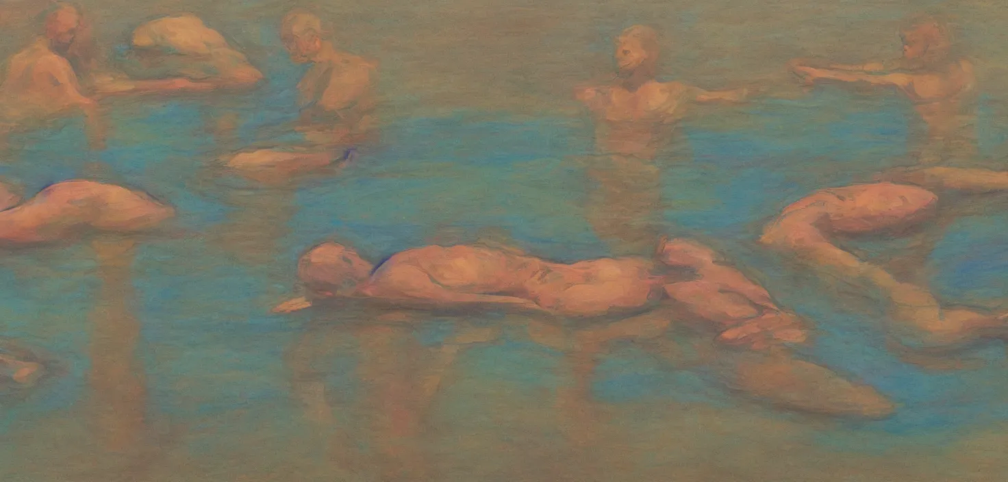 Image similar to painting of human bodies in the lake, abstracted observed, minimal indication, thick outlines, contented peaceful, medium saturation with trichromatic similar hues