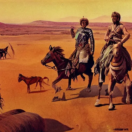 Prompt: indoaryan nomads riding horses across steppe, on alien planet, science fiction, pulp illustration