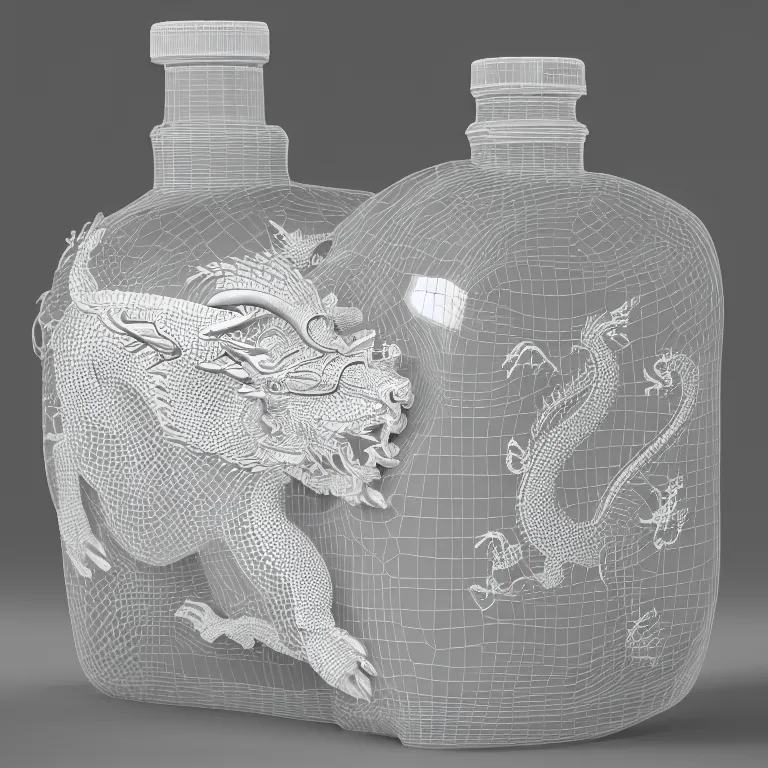 Prompt: transparent ancient boar flask with a dragon, raytracing, orthographic 3d rendering, octane render