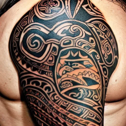 Image similar to A Maori tattoo depicting a shark, a guitar, some roses and gold coins