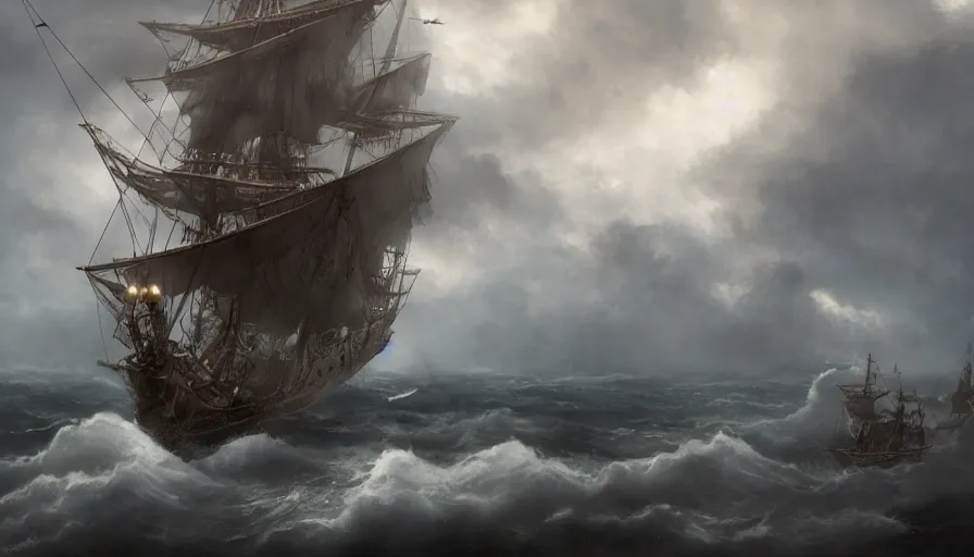 Image similar to Pirate ship flying in the stormy sky, hyperdetailed, artstation, cgsociety, 8k