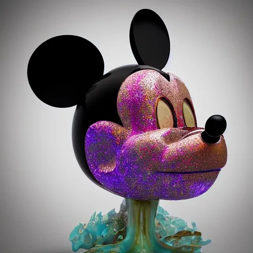 Image similar to counterfeit mickey mouse head, fractal, broken, LSD, wet, melting, fractured, mycelium, radiant alien, rococo, baroque, automotive, bio-mechanical, porcelain, iridescent, sub surface scattering, octane render