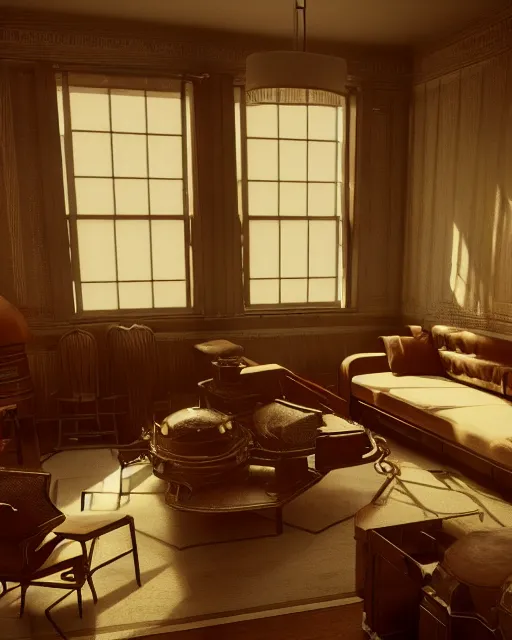 Image similar to artstation scifi scene of an american room in 1 9 2 0 s, lounge furniture, large terrarium, beds, paneled walls, unreal engine 5, hyper realism, realistic shading, cinematic composition, blender render, octane render, hdr, detailed textures, photorealistic, wide shot