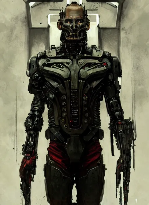 Image similar to johnny depp as victor stone, full body concept, cyborg, borg, strogg, face of a man, terminator, flesh, quake strogg, doom demon, wolfenstein, monstrous, powerful, symmetry, symmetrical, concept art by ruan jia and greg rutkowski