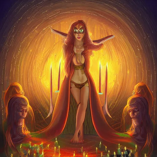 Prompt: High fantasy scene of a sorceress with long blonde hair surrounded by hooded figures and candles; digital art